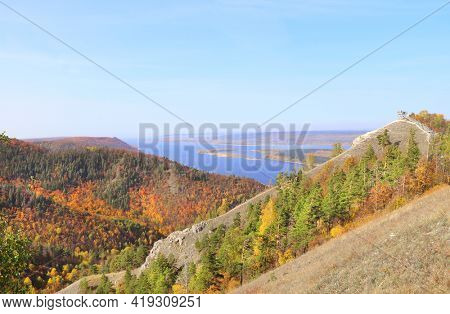 Calm fall season. Beautiful aerial view with Strelnaya mount and Volga river, Samarskaya Luka Reserve, Zhiguli mountains, Russia