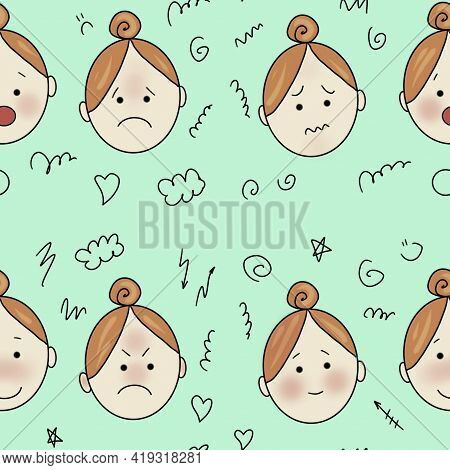 Hand-drawn Seamless Pattern Of Doodle Cute Faces With Different Emotions
