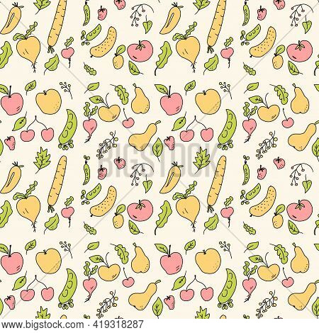 Hand-drawn Seamless Pattern Of Cute Ripe Summer Vegetables And Fruits Harvest