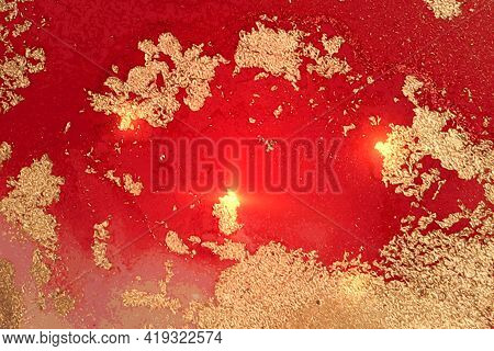 Gold And Ruby Red Pattern With Texture Of Geode And Sparkles
