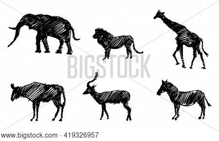 Set Of Sketchy Silhouettes Of Animals Of Africa. Elephant, Giraffe, Lion, Impala, Zebra And Gnu.