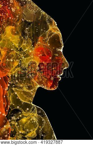 Abstract Silhouette Of A Girl Drawn With Alcohol Ink On A Black Background Stains