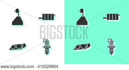 Set Car Spark Plug, Gear Shifter, Headlight And Muffler Icon. Vector