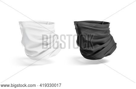 Blank Black And White Neck Gaiter Mockup, Half-turned View, 3d Rendering. Empty Protective Neckerchi