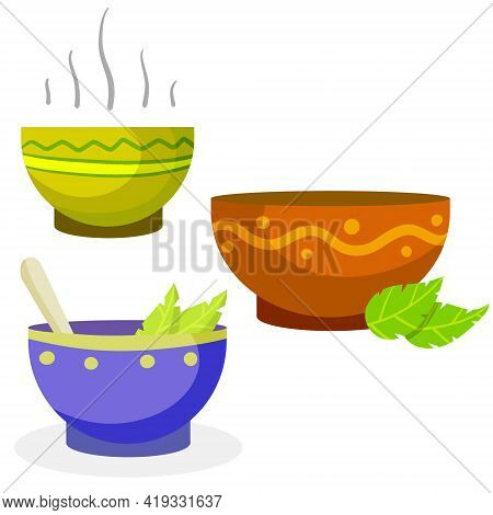 Green Tea Cup. Set Of Brown And Blue Earthenware. Flat Cartoon Illustration. Piala Bowl. National Et