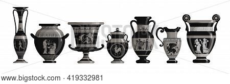 Set Of Antique Greek Dark Amphoras, Vases With Patterns, Decorations And Life Scenes. Ancient Decora
