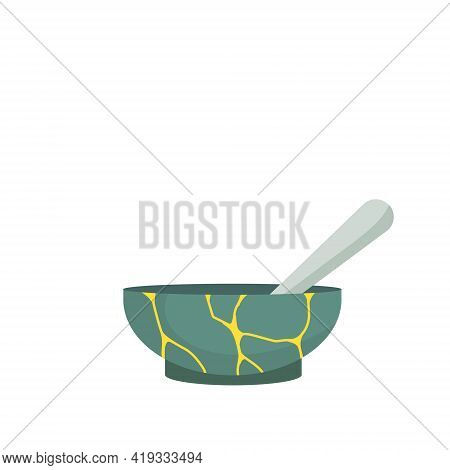 Kintsugi - Japanese Art. Glued Cup For Tea Ceremony. Restoration Of Broken Ceramic And Clay Dishes. 