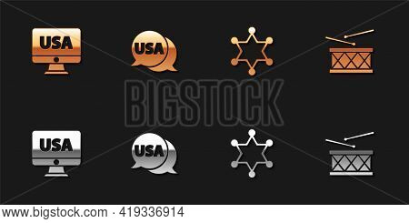 Set Usa On Monitor, Label, Hexagram Sheriff And Drum And Drum Sticks Icon. Vector
