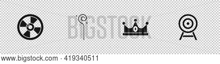 Set Round Wooden Shield, Magic Staff, King Crown And Target With Arrow Icon. Vector