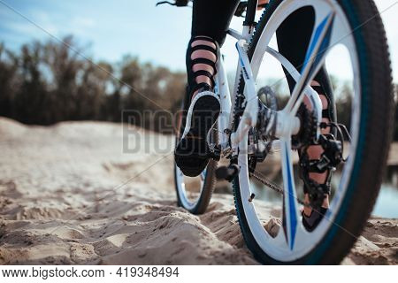 Cyclist Sneaker On Pedal Close Up Bicycle, Bike,