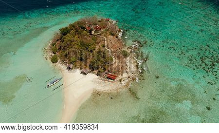 Aerial Seascape Tropical Island And Sand Beach, Turquoise Water And Coral Reef. Malacory Island, Phi