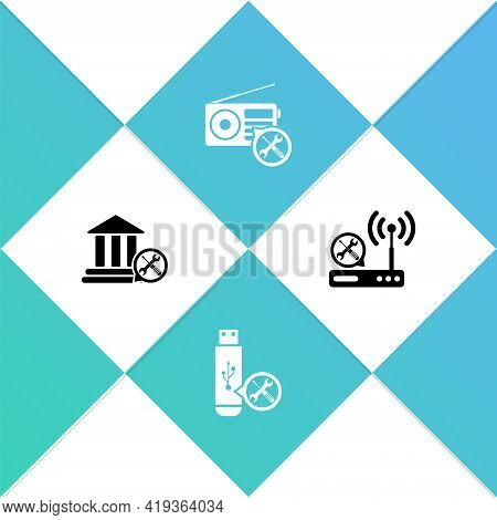 Set Bank Building Service, Usb Flash Drive, Radio And Router Wi-fi Icon. Vector