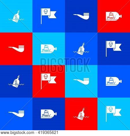 Set Bottle With Message In Water, Pirate Flag Skull, Smoking Pipe And Ship Inside Icon. Vector