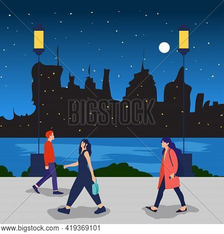 Side View Of A People Walking Concept. Vector Illustration. Isolated On White Background