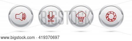Set Line Speaker Volume, Microphone, Cloud With Rain And Camera Shutter. Silver Circle Button. Vecto