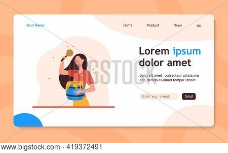 Woman Keeping Honey Bees. Person Holding Barrel With Honey And Dipper. Flat Vector Illustration. Bee