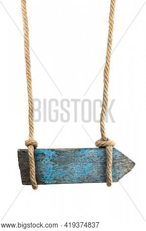 empty wooden arrow sign with lope for hang isolated on white background