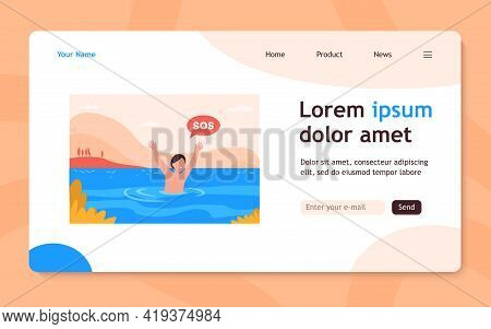 Child Sinking In Lake. Kid Shouting, Calling For Help. Flat Vector Illustration. Children On Beach, 