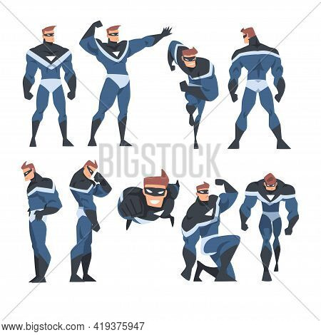 Man Superhero In Action Set, Superman Character Dressed Black And Blue Costume And Mask Cartoon Vect