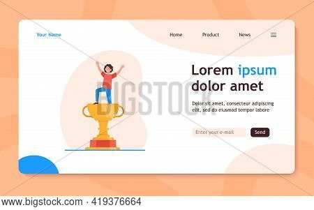 Kid Celebrating Triumph. Child Winning Competition, Getting Golden Cup. Flat Vector Illustration. Aw