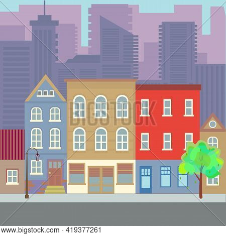 Сity Vector Illustration. City Downtown Landscape With Skyscraper Silhouettes. Design For Mobile App
