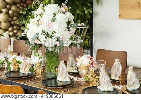 Decoration Of Party; Centerpiece Made With Beautiful Flowers.