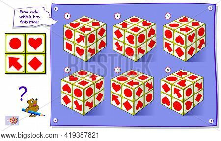Logic Puzzle Game For Smartest. Need To Find The Correct Cube Which Has This Face. Printable Page Fo