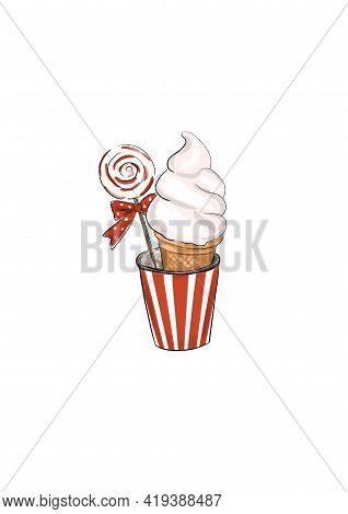Hand-drawn Bright Illustration Of A Vanilla Ice Cream And Candy Lollipop, Decorated With A Red Bow, 