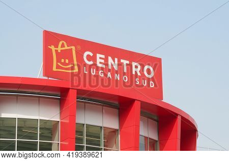 Grancia, Ticino, Switzerland - 26th March 2021 : Centro Lugano Sud Shopping Mall Sign Hanging On The