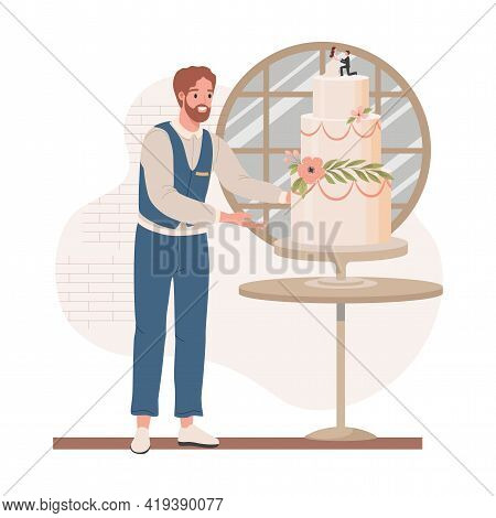 Wedding Manager In Formal Dress Checking Wedding Cake Vector Flat Illustration. Happy Smiling Man Pl