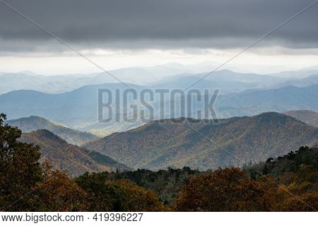 Haze And Rain In The Autumn Valley Below Overlook In Great Smoky Mountains National Park