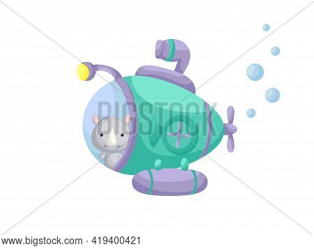 Cute Little Rhino Sail On Emerald Submarine. Cartoon Character For Childrens Book, Album, Baby Showe