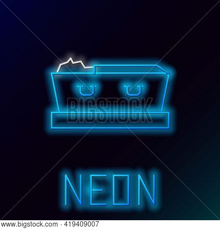 Glowing Neon Line Open Coffin With Dead Deceased Body Icon Isolated On Black Background. Funeral Aft