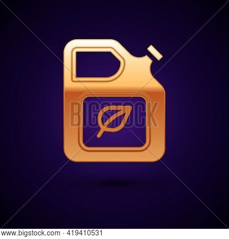 Gold Bio Fuel Canister Icon Isolated On Black Background. Eco Bio And Barrel. Green Environment And 
