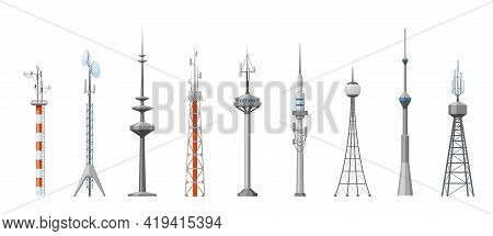 Cell Towers And Telecoms Set. Metal Construction With Parabolic Antennas Radar Spiers Wireless Globa