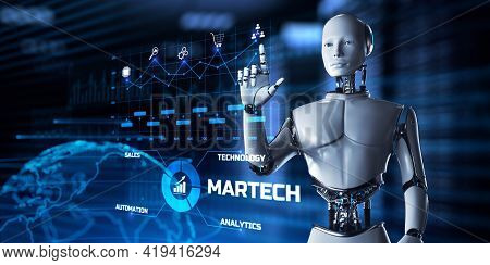 Martech Digital Marketing Automation Technology Concept. Robot Pressing Button On Screen 3d Render