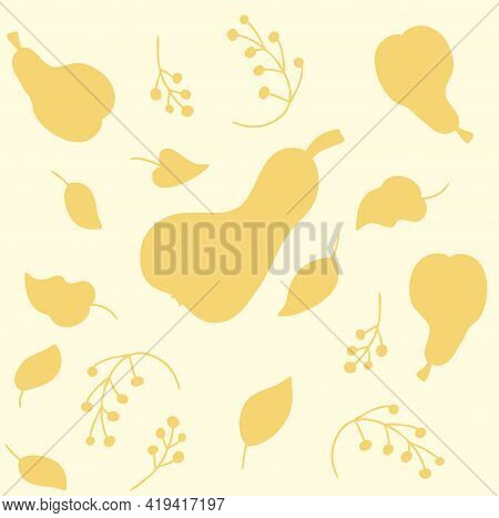 Vector Pattern Of Delicate Yellow Pears, Leaves And Branches Of Berries