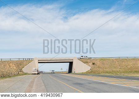 Hanover, South Africa - April 2, 2021: Road N10 Crossing Road N1 At Hanover In The Northern Cape Kar