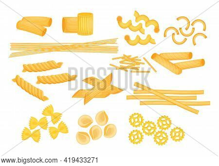 Different Types Of Italian Pasta Flat Vector Illustrations Set. Raw Macaroni, Penne, Farfalle, Ziti,