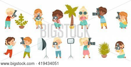 Cute Little Boy And Girl With Camera Taking Photograph And Posing With Studio Lighting Vector Set