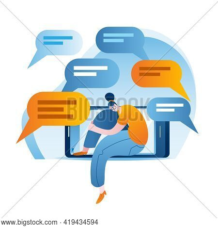 A Sad Girl Sits On Her Phone Amid Negative Comments. The Concept Of A Vector Illustration On The Top