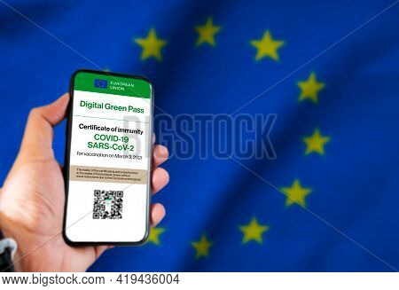 The Digital Green Pass Of The European Union With The Qr Code On The Screen Of A Mobile Held By A Ha
