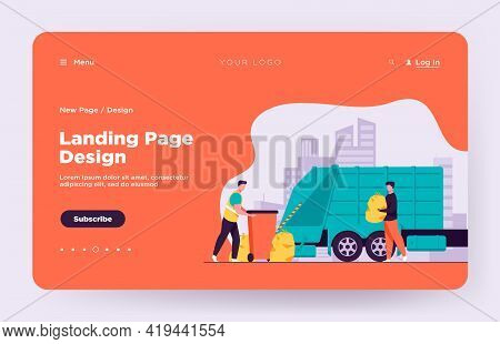 Trash Pickup Worker Cleaning Dustbin At Truck. Man Carrying Trash In Plastic Bag Flat Vector Illustr