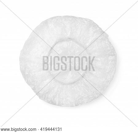 Transparent Shower Cap On White Background, Top View
