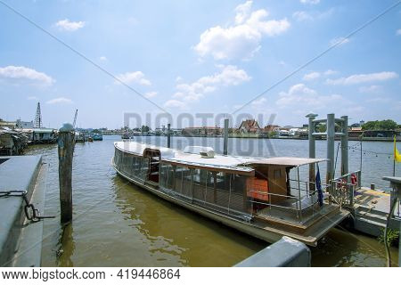 Beautiful Landscape, The Chao Phraya River And The City On Both Sides Of The River Under The Clear S