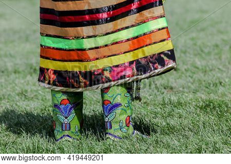MASHANTUCKET RESERVATION, CT, USA-AUGUST 25, 2018:  Dancer close up  from SchemitzunThe 27th Annual Feast of Green Corn and Dance Powwow