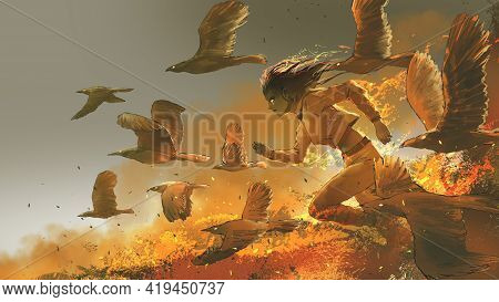 Woman Running Among The Fire Birds, Digital Art Style, Illustration Painting
