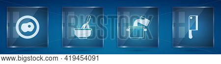 Set Scrambled Eggs, Kitchen Whisk With Bowl, Cooking Pot And Meat Chopper. Square Glass Panels. Vect