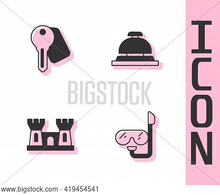 Set Diving Mask And Snorkel, Hotel Door Lock Key, Sand Castle And Service Bell Icon. Vector