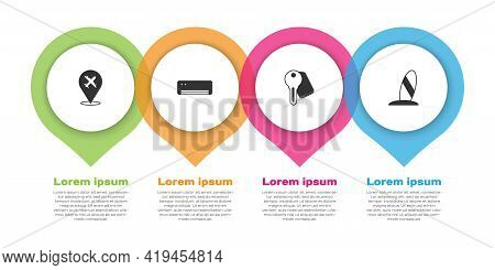 Set Plane, Air Conditioner, Hotel Door Lock Key And Surfboard. Business Infographic Template. Vector